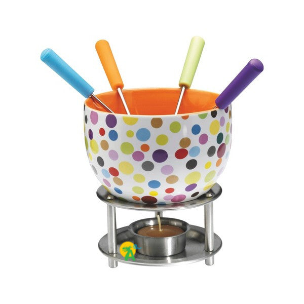 NEW Mastrad Fondue Set Incl Ceramic Bowl, Stainless Steel Forks, Holder, Tea Light Candle